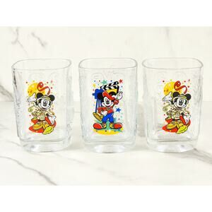Walt Disney Clear Tumbler Glass 4 1/2" Mickey Mouse 2000 Animal Kingdom x3 Vtg